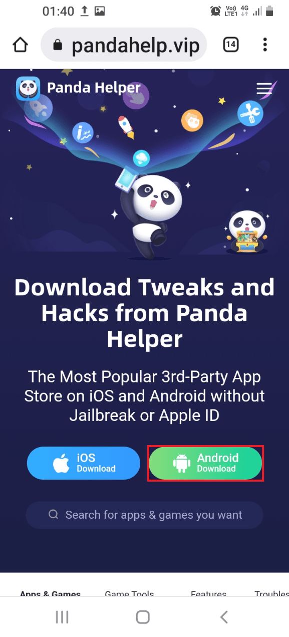 Open the official website of the Panda Helper and tap on the Android Download button