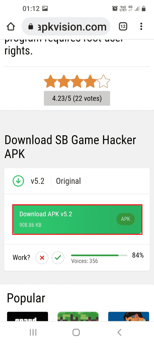 Abra el sitio web oficial de la aplicación SB Game Hacker y toque el botón Descargar APK v5.2. Cómo hackear cualquier juego en Android