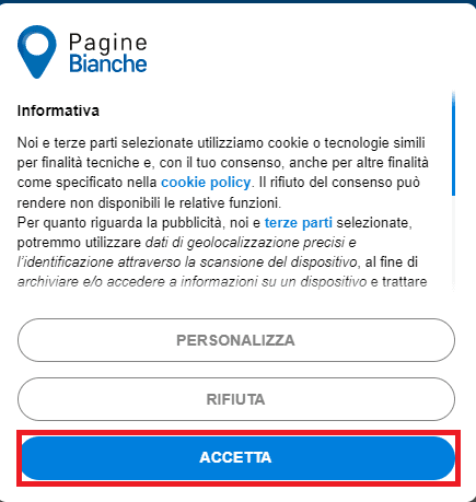 Open the PagineBianche website and click on the ACCETTA button 