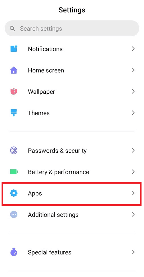 Open the Settings app and tap on the Apps option