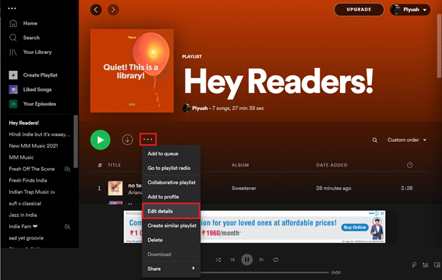 Options in the selected playlist window. How to Change Spotify Playlist Picture