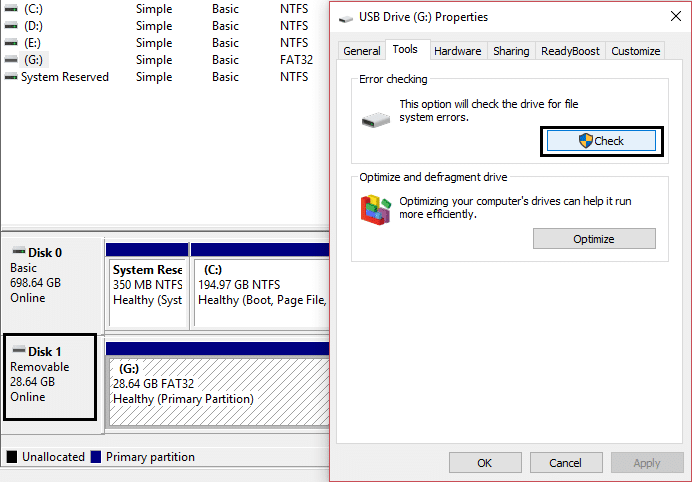 pen drive error checking disk management