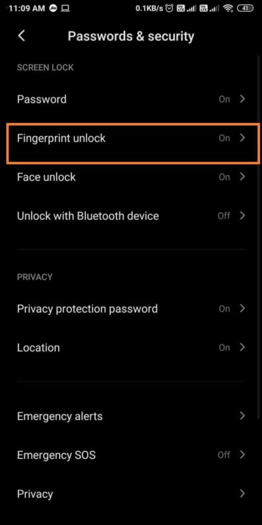Select Fingerprint Unlock