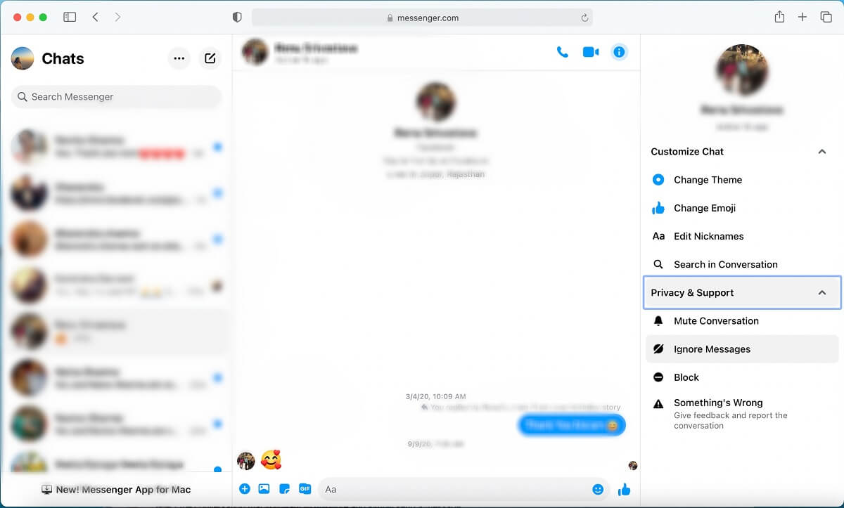 From the options, select privacy and support. | How to Ignore and Unignore Messages on Messenger