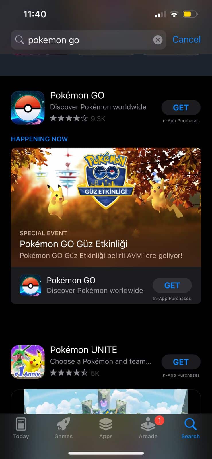 Pokémon Go в магазине приложений