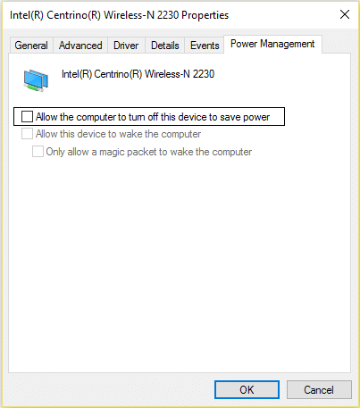 Uncheck Allow the computer to turn off this device to save power