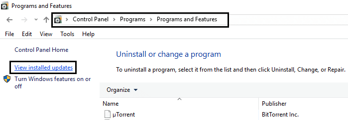 programs and features view installed updates