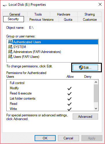 properties security tab then click edit