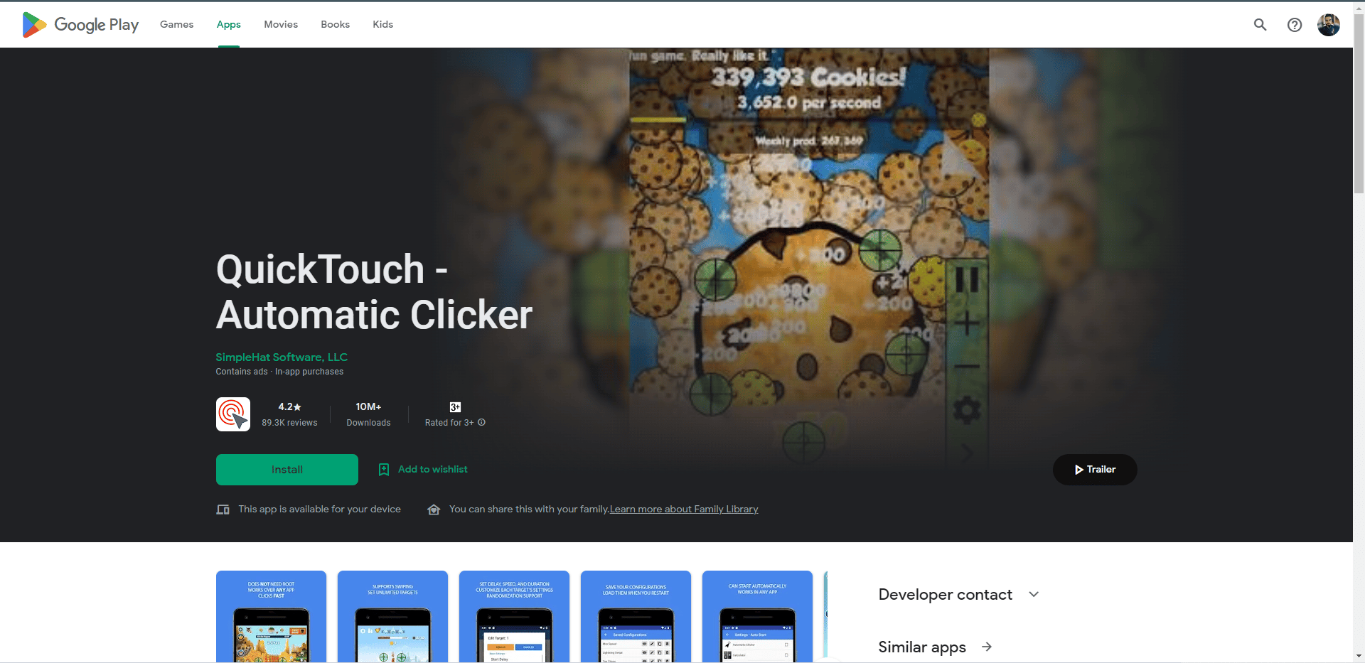QuickTouch Play Store webpage