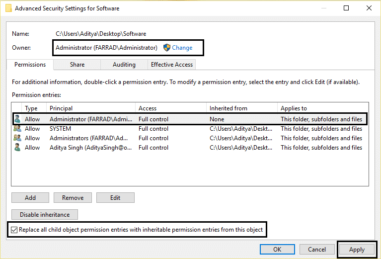 replace all child object permission entries Full ownership windows 10 | Fix You Need Permission To Perform This Action Error