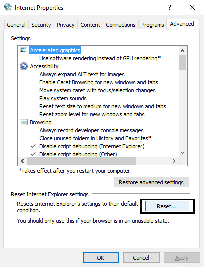 reset internet explorer settings | Fix The remote device or resource won't accept the connection error