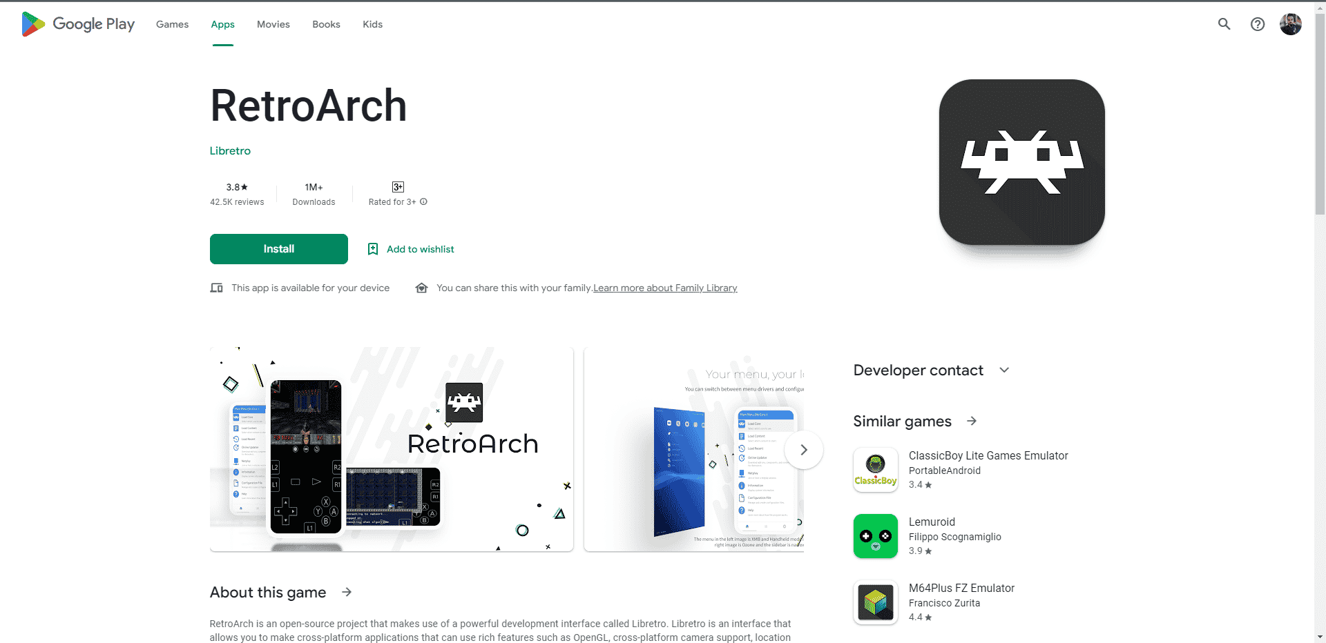 Page Web du Play Store RetroArch