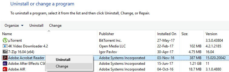 right-click on Adobe Acrobat Reader and select Change