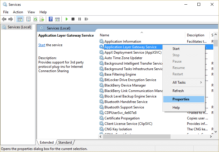 Right click on Application Layer Gateway Service and select Properties