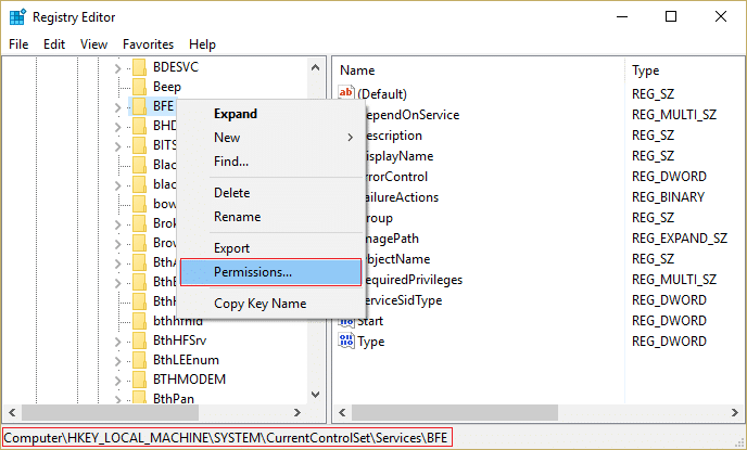 right click on BFE registry key and select Permissions