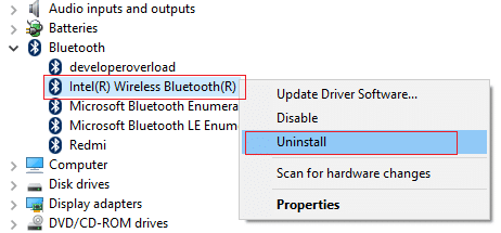 haga clic derecho en Bluetooth y seleccione desinstalar