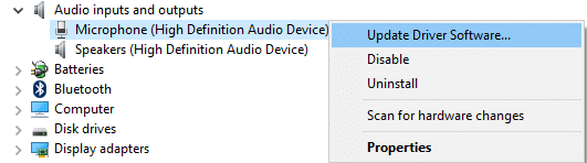 Right-click on Microphone and select Update Driver Software