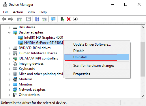 NVIDIA grafik kartına sağ tıklayın ve kaldırmayı seçin