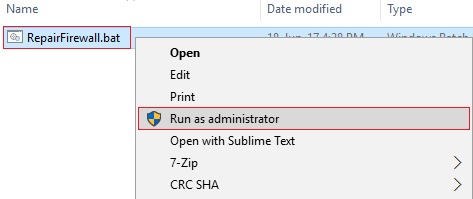 right click on RepairFirewall and select Run as administrator