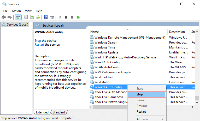 right click on WWAN AutoConfig and select Stop