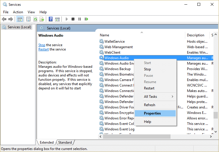 روی Windows Audio Services کلیک راست کرده و Properties را انتخاب کنید