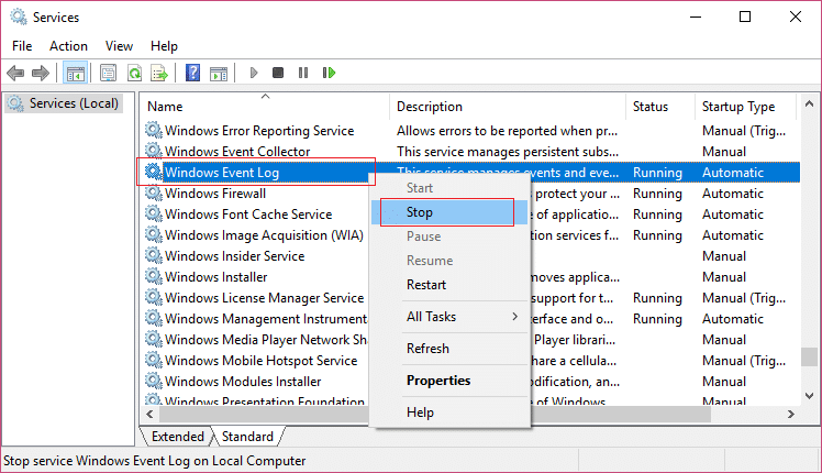 right click on Windows Event Log and click on Stop