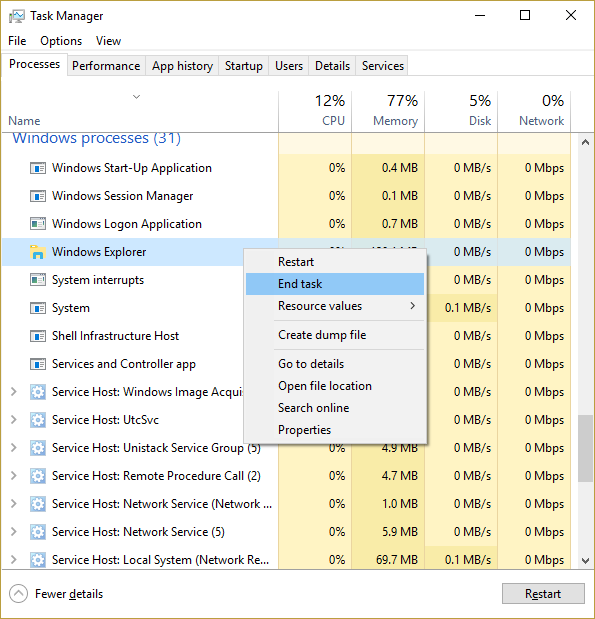 right click on Windows Explorer and select End Task | Fix Taskbar Search Not Working in Windows 10