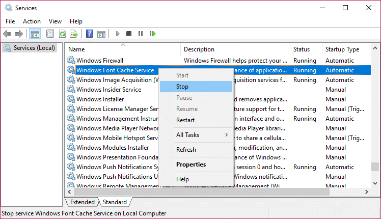 right click on Windows Font Cache Services and click Stop