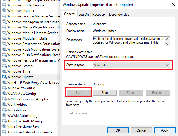 щелкните правой кнопкой мыши Центр обновления Windows и установите для него автоматический режим, затем нажмите «Пуск».