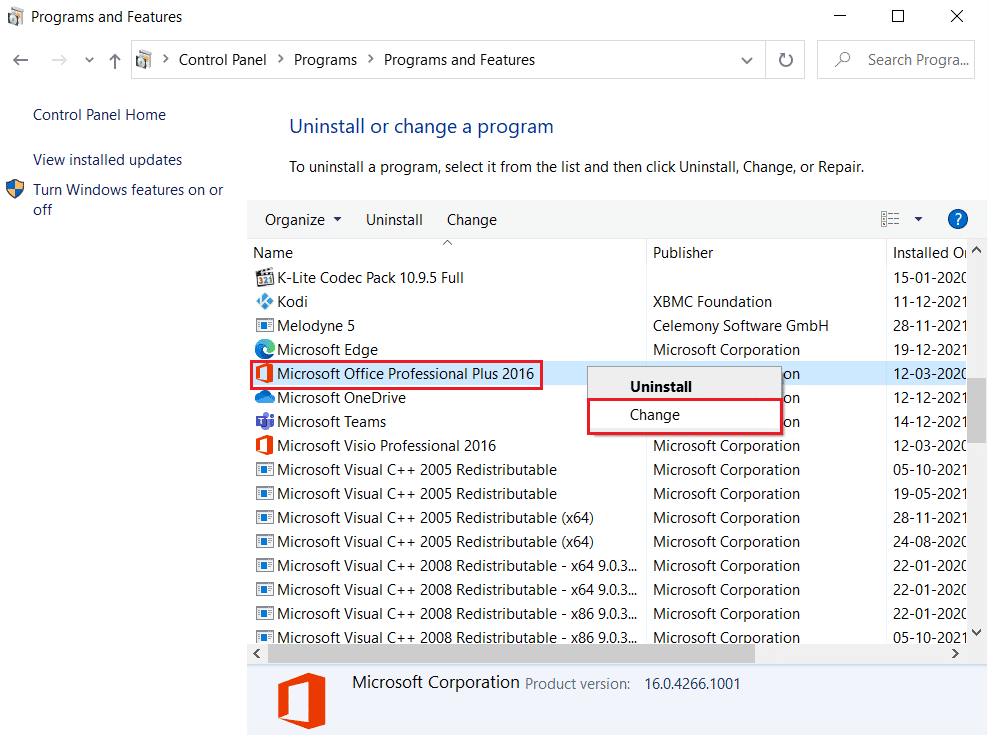cliccate right in Microsoft Office è selezziunate l'opzione Cambia in Programmi è Funzioni