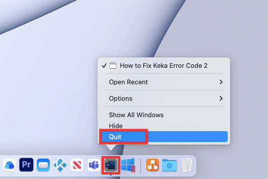 click on Quit. Fix Keka Error Code 2 on macOS