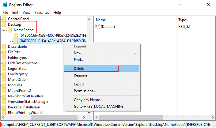 right click on the key under NameSpace and select Delete