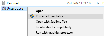 right click on unassoc.exe and select Run as administrator