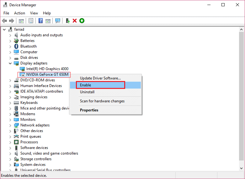 right-click on your Nvidia Graphic Card and select Enable | Windows 10 Brightness Settings Not Working [SOLVED]