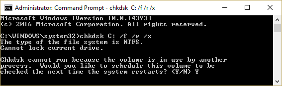 kør check disk chkdsk C: /f /r /x