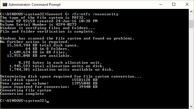 قم بتشغيل تحويل fs ntfs nosecurity في cmd لتحويل FAT32 إلى NTFS | الملف كبير جدًا بالنسبة لنظام الملفات الوجهة [تم الحل]