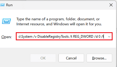 run the command in run dialog box. how to enable regedit