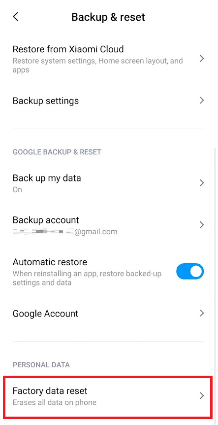 Scroll all the way to the bottom and tap on Factory data reset