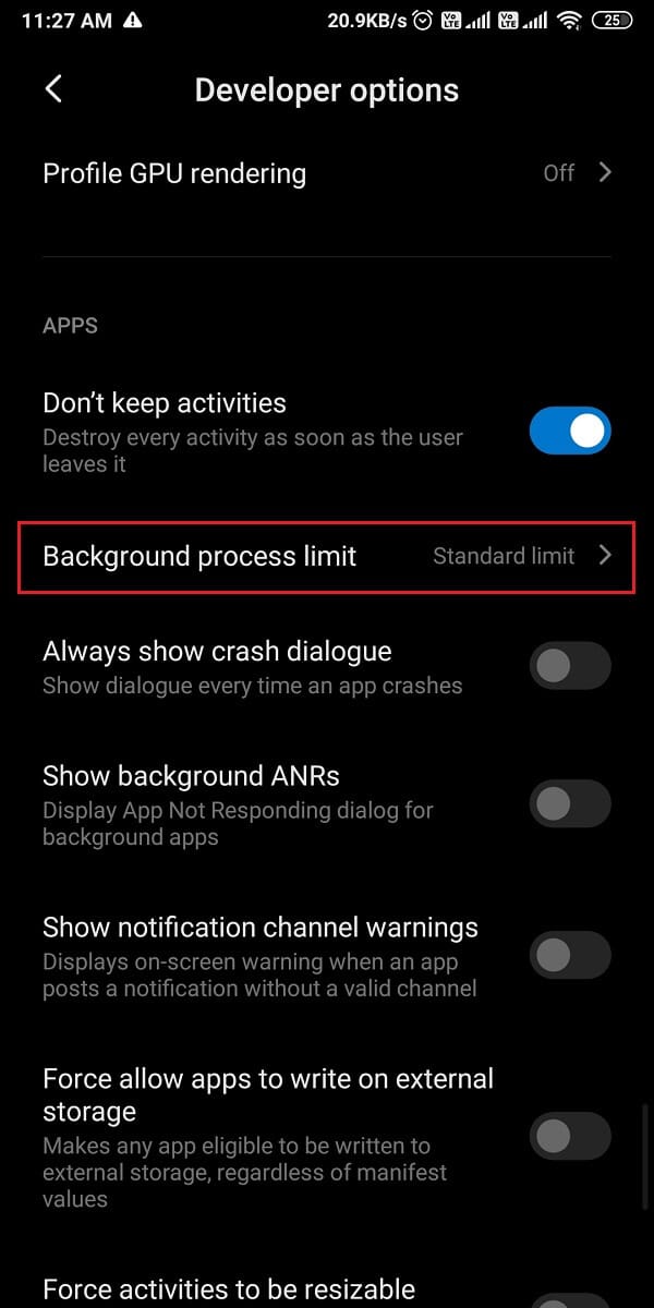 Now, scroll down and tap on the background process limit. | How to Disable Auto-start Apps on Android