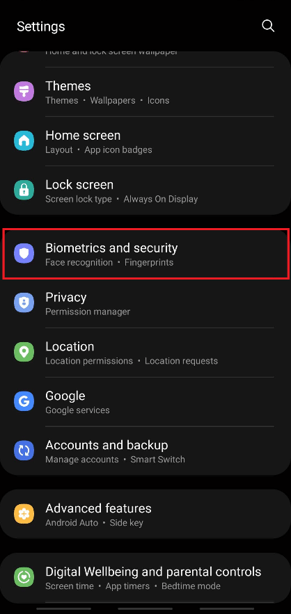 Scroll down and tap on the Biometrics and security option from the list