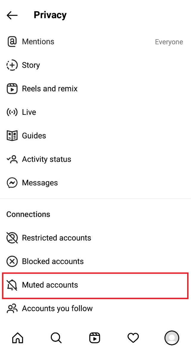 Scroll down and tap the Muted accounts option under the Connections section