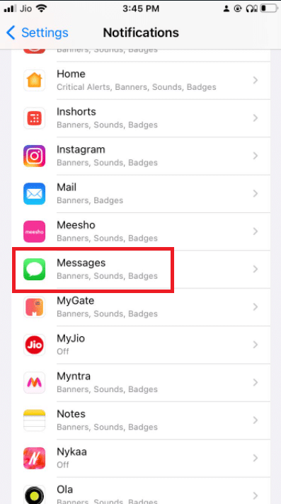 Scroll down the list until you locate Messages
