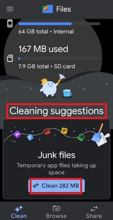 Scroll down to Cleaning suggestions and in the Junk files section tap on the Clean button.