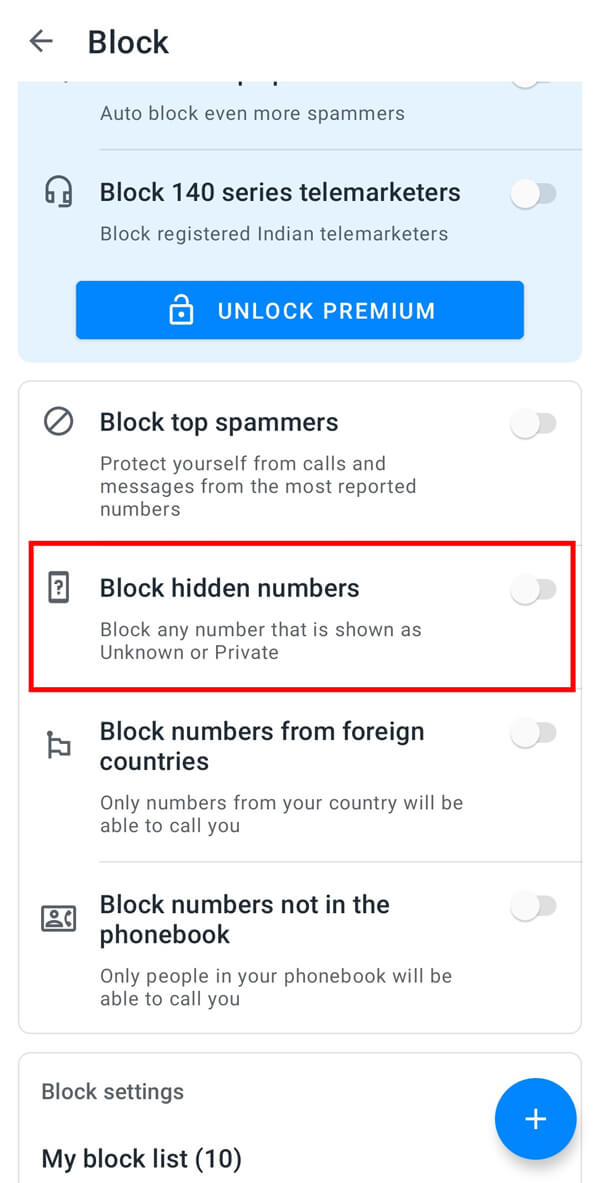 scroll down to the Block hidden numbers option and tap on the button adjacent to it.