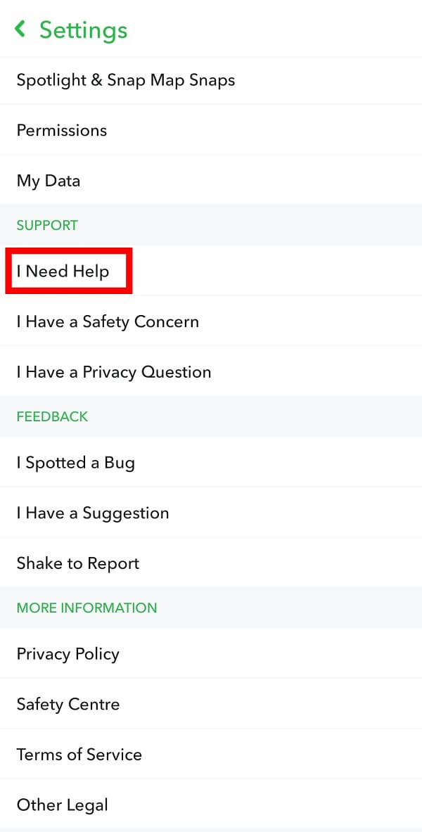 scroll down to the Support section and tap on the I need help option from the list.