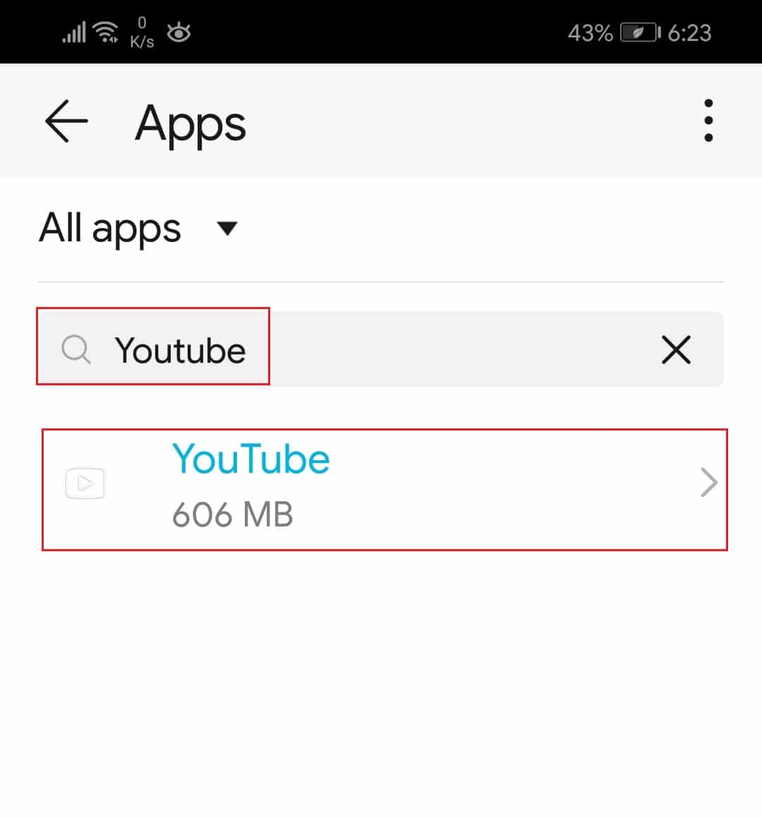 search and tap on the YouTube app in Android phone Honor Play