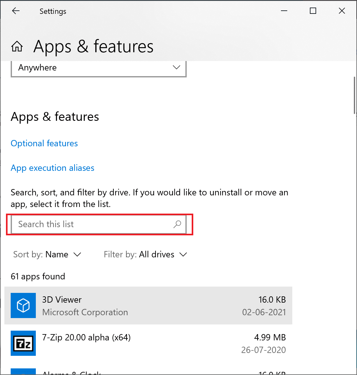 search for app in apps and features windows