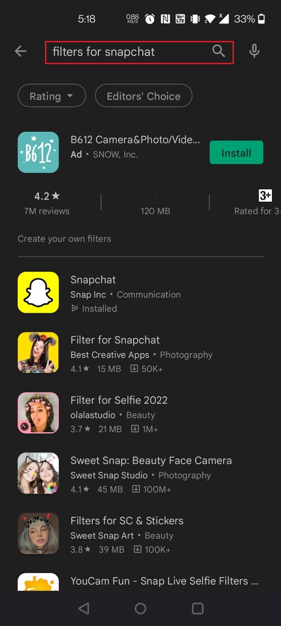 search for filters for Snapchat in the search box