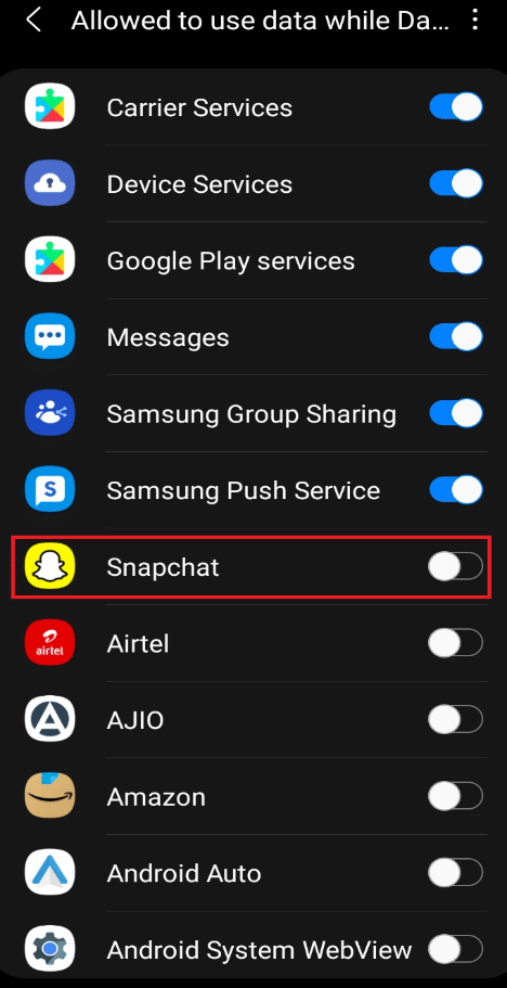 Search for Snapchat to exempt it from data saver and toggle it on