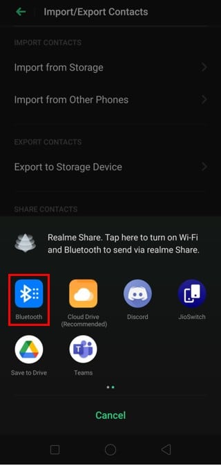 select Bluetooth and transfer contacts to a new phone.